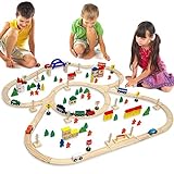 EYEPOWER 130-teilige Holzeisenbahn Set Spielzeug-Eisenbahn 5m Holzbahn Kinder-Bahn Zug Spiel-Set...